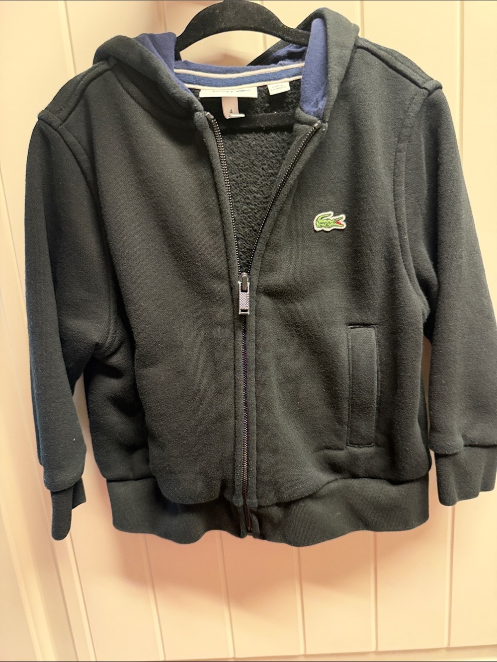 Lacoste Kids Black Zip Front Hoodie with Green Crocodile